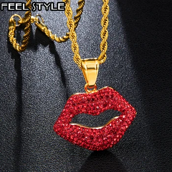 

Iced Out Bling Bling Rhinestone Paved Sexy Red Lips Stainless Steel Necklace & Pendant For Men HIP Hop Jewelry