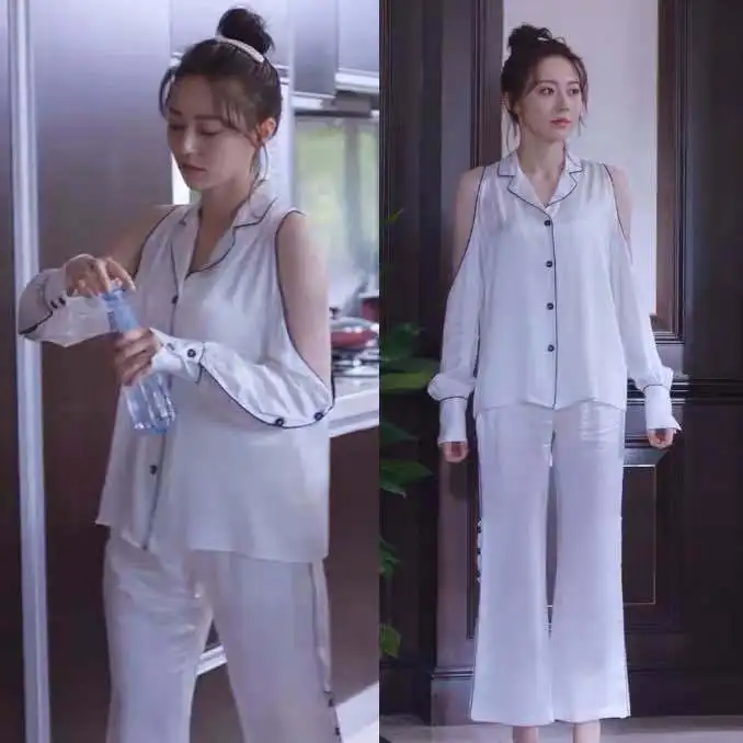 

Reflux And on You Yellow meng ying gao mi Celebrity Style White Pajamas Women's Long-Sleeve off-Shoulder Viscose Homewear Set Th