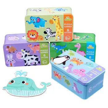 

6 in 1 Kids Baby Cartoon Animal Pattern Puzzles Early Education Wood Toy