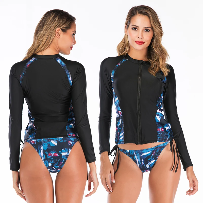 Plus Size Long Sleeve Rash Guard Swimsuit for Women Rashguard Zipper Swimwear Women Lycra Swim Surfing 2 Piece Swimsuit Women