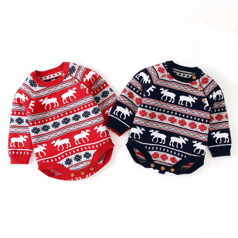 Вязаные свитера для новорожденных; Рождественский теплый комбинезон для маленьких мальчиков и девочек; Рождественский костюм Лося с длинными рукавами
