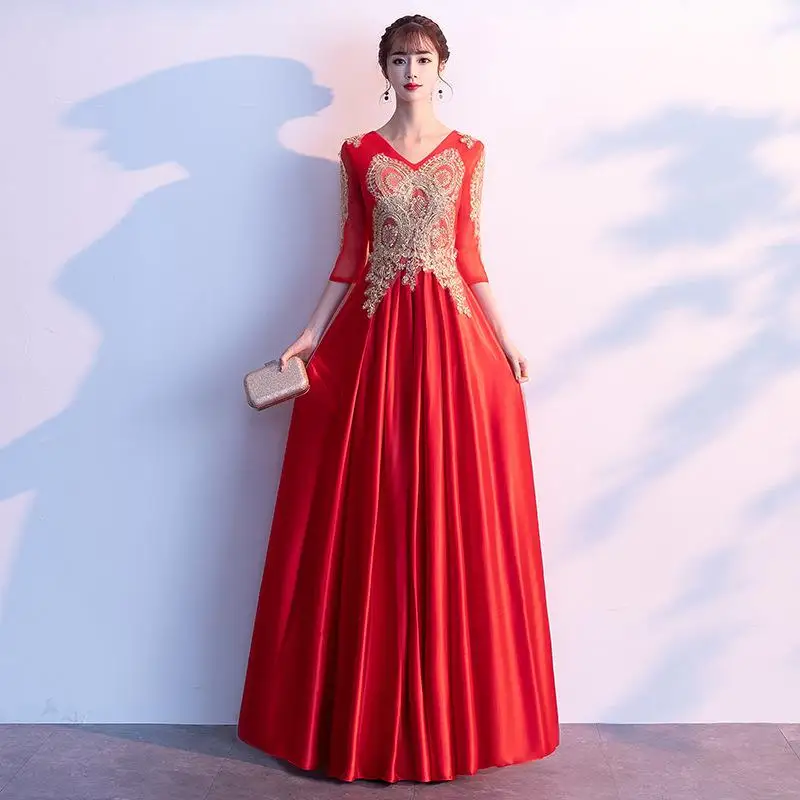 Атласное кружевное лоскутное женское китайское современное платье Qipao с вышивкой Чонсам с цветами халат De Soiree Новинка вечернее платье - Цвет: Red A