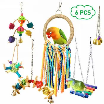 

6Pcs Bird Parrot Toys, Hanging Swing Chewing Perches with Bells Parrot Finch