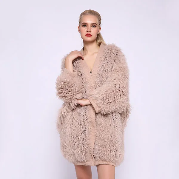 Хаки JEPLUDA Plus Size женская шуба натуральный мех овечья кудрявый без размера высоко качественное зимнее пальто для женщин вязаное мех натуральное лама женская куртка из натурального меха свободная стиль европейская мода - Цвет: Хаки