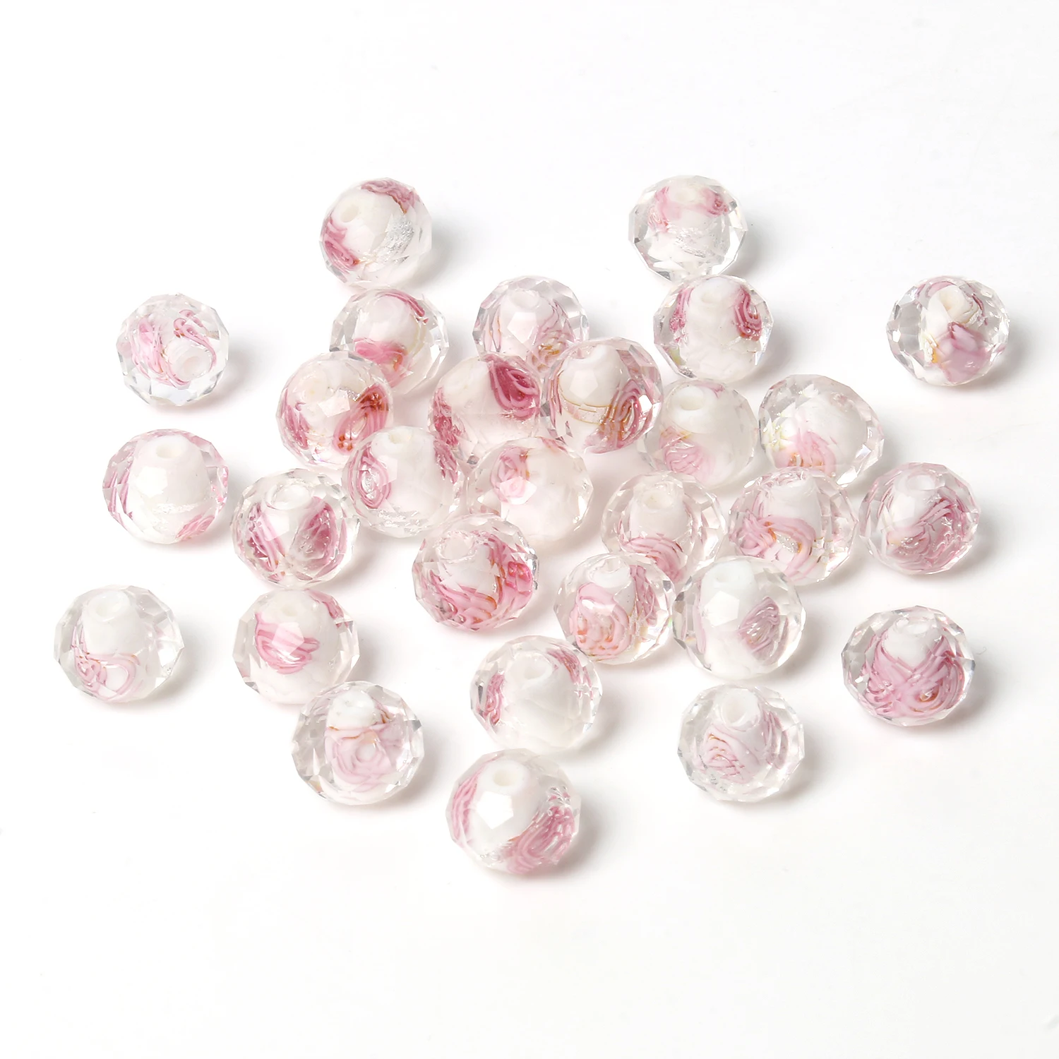 Wholesale Murano Transparent Faceted Rondelle Pink White Flower Lampwork Crystal Glass Beads for Jewelry Bracelet DIY Making