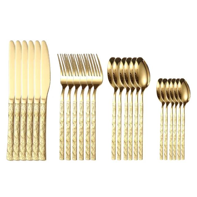 24pcs Gold Cutlery Set Stainless Steel Stone Grain Handle Knives Forks Tea Spoons Kitchen Tableware Dinnerware Dinner Silverware