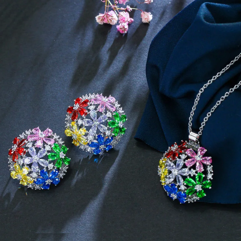 CWWZircons Multi Color Cubic Zirconia Crystal Half Round Pendant Necklace and Earrings Sets Women Fashion Costume Jewelry T140|Ювелирные