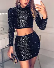 

Ladies short skirt suit black transparent sexy round neck long-sleeved top with rhinestone bag hip short skirt two-piece 2021