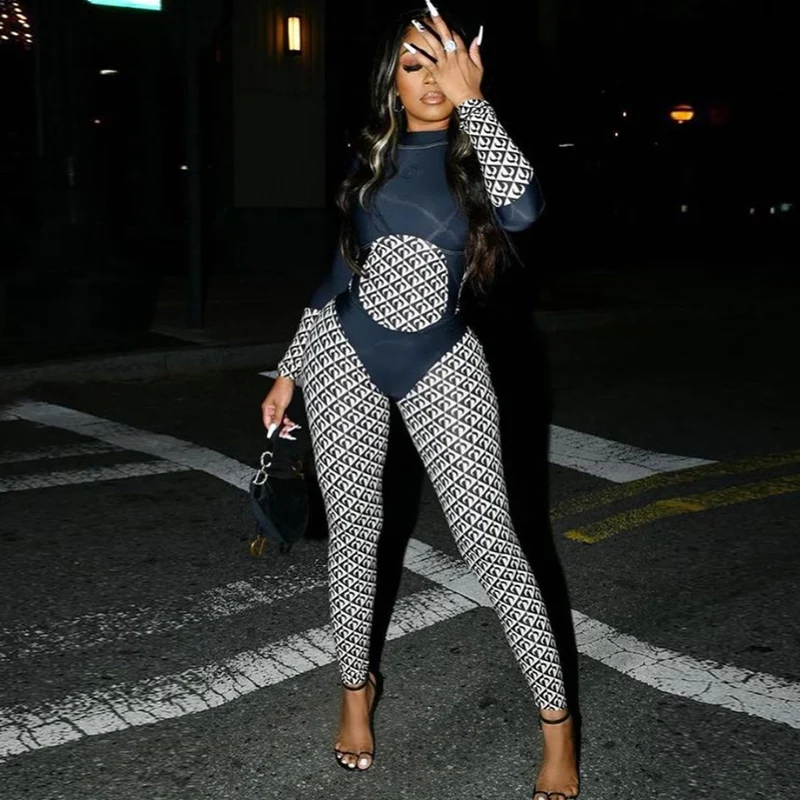 

2021 Casual Tracksuits Women Sexy Contrast Color One Piece Overalls Patchwork Long Sleeve Zipper Slim Jumpsuits Autumn