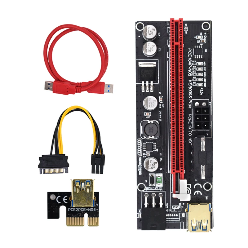 10Pcs TISHRIC 6LED VER009s PCIE Riser Plus Express X1 to X16 Extender Adapter Card Sata To 6 Pin Power Cable Mining Card