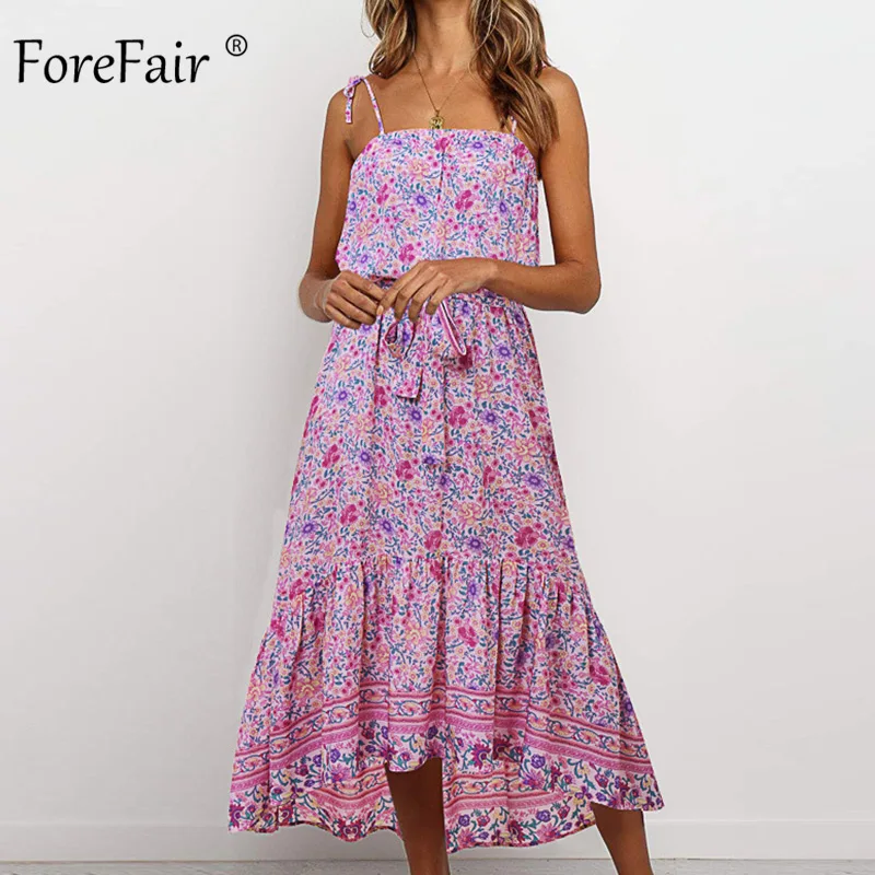 Forefair Ретро пляжное Цветочное платье на тонких бретельках Лето сарафан Бохо Васит завязывается размера плюс желтое фиолетовое Сексуальное Женское Платье - Цвет: Purple Dress