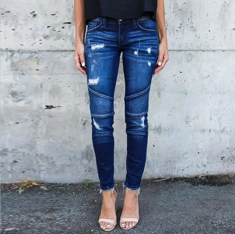 dark blue Цвет: черный, синий мотоциклетные байкерские ZipJeans Для женщин Тонкий Средний Высокая талия стрейч джинсовые узкие штаны Motor Jeans Для женщин джинсы Mujer - Цвет: dark blue