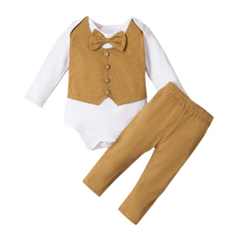

Baby's Clothes Two Piece Gentleman Long Sleeved Boys Bodysuit Solid Color Trousers Spring And Autumn
