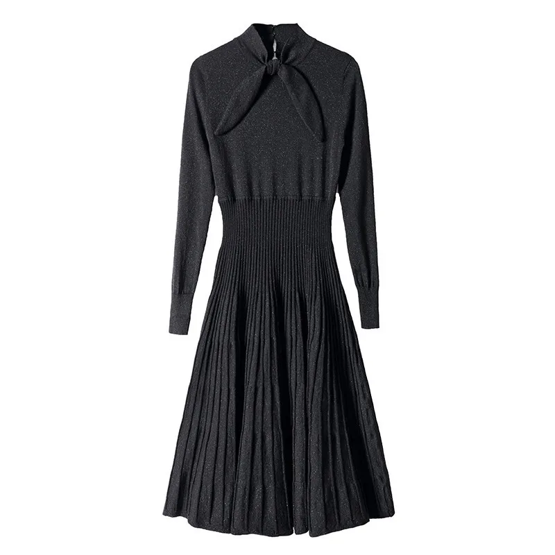 Женское зимнее платье-свитер, дизайнерское сексуальное платье с галстуком-бабочкой, с воротником, с люрексом, вязанное, с длинным рукавом, плиссированное, черное платье, новинка
