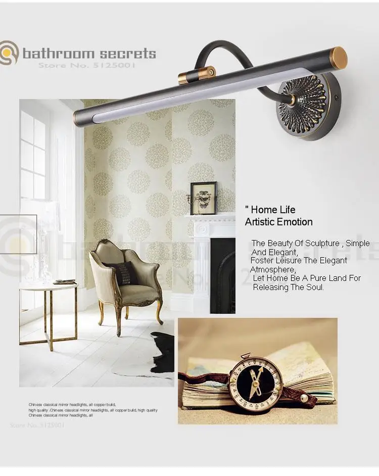 American Led All-bronze Mirror Headlamp Bathroom Antifogging, Punch-free Dressing, Simple Mirror Cabinet Toilet