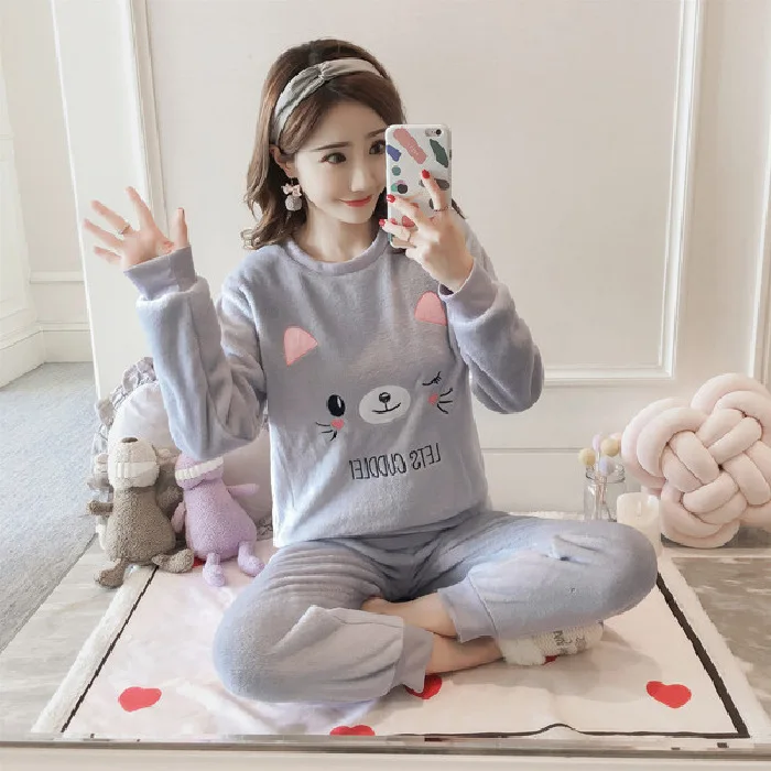 Women Pajama Sets Autumn Winter Pajamas Flannel Cartoon Thick Warm Women Sleepwear Cute Animal Female Homewear