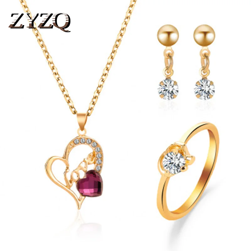 

ZYZQ Vintage Heart Shaped Jewelry Necklace Earrings&Ring Sets With Shiny Dazzling Stone Setting Wholesale Anniversary Gift Jewel