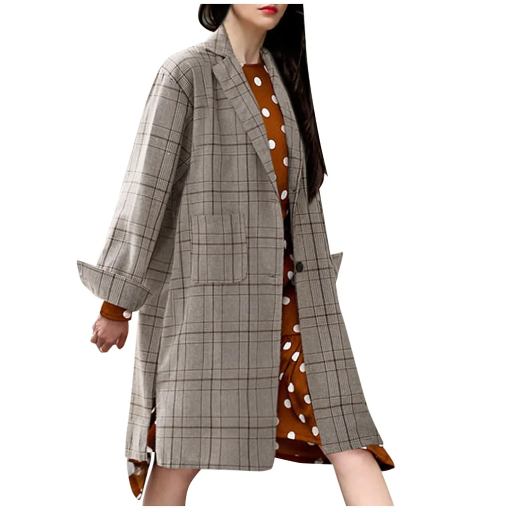 Женское офисное пальто, теплое длинное пальто в клетку размера плюс, женское приталенное пальто с отворотом, осенне-зимняя Длинная Верхняя одежда# J30