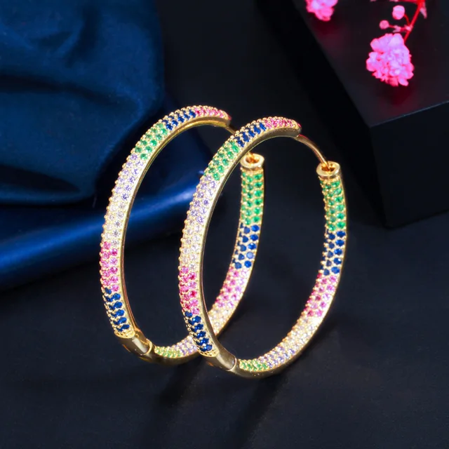 Pera Brand Designer Micro Multicolor Cubic Zirconia Paved Big Circle Gold Color Hoop Earring for Women Chic Wedding Jewelry E692 Yellow Gold