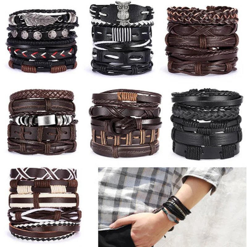 1 PC Vintage Leaf Feather Multilayer Leather Bracelet Men Fashion Braided Handmade Star Rope Wrap Bracelets &amp Bangles Male Gift |