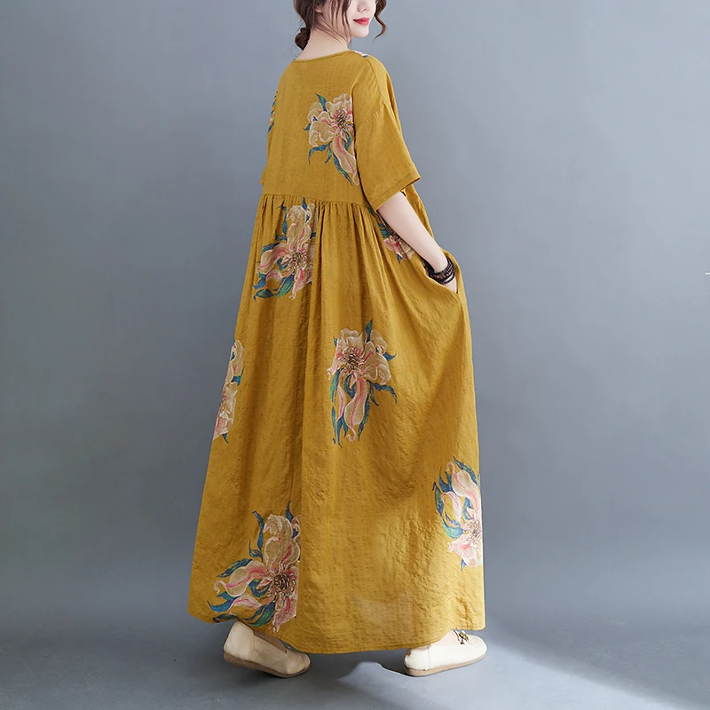 2025 New Spring Summer Women Over Size Cotton Linen Vintage Dress Print Casual Loose Long Dresses Female Robe Elegant Clothing