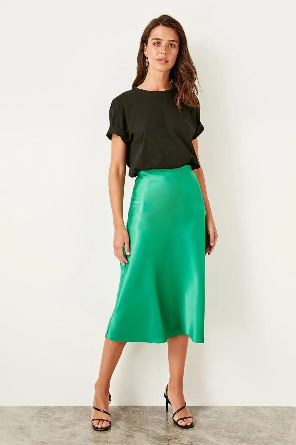Trendyol Коралловый Красный Серебряный шелк горчичный атлас Высокая талия женская Юбка До Колена шикарный стиль StyleTOFSS19WX0013