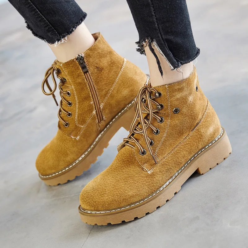 

Ankle Round Toe Low Women Boots Solid Fashion Punk Motorcycle Boots Concise Lace Up Shoes