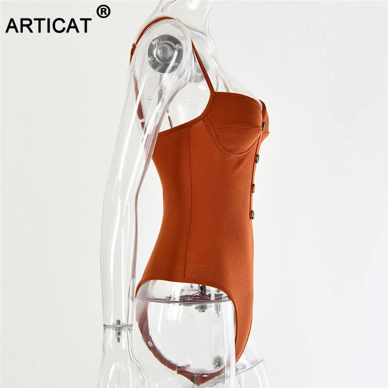 Articat Knitted Spaghetti Strap Sexy Bodysuit Women Tops Backless Buttons Bodycon Rompers Women Jumpsuit Basic Party Overalls