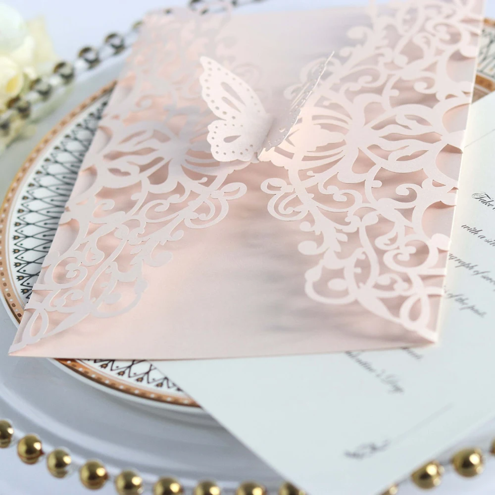  10pcs Cover + Inner Page + Envelope Paper Butterfly Cut Wedding Invitation Card With Ribbon Persona - 4000268571955