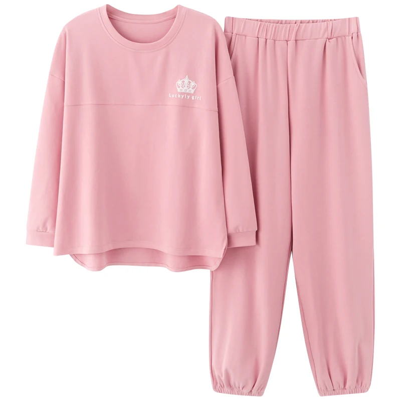 Pink Pajamas Women Spring Fall Cotton Home Wear Pullover Ankle-tied Crown Printing Chic Night Suit Minimalist Style Loose Pajama
