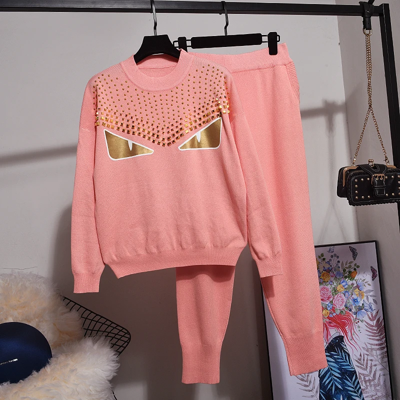 Fashion Set Female Pink Knitted Tracksuit Diamond Long sleeve Knit Sweater + Sports Pants Women Two Piece Knitting 2pc | Женская одежда