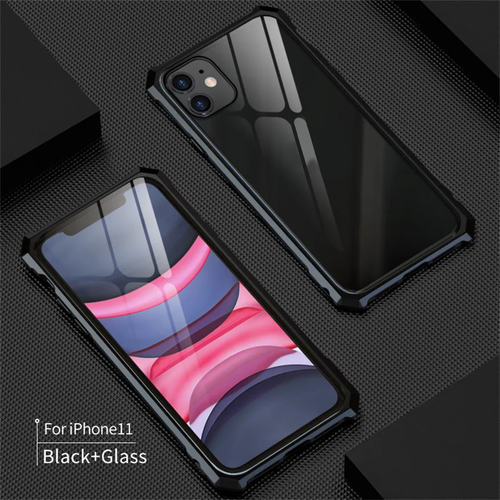 BK Чехол для Iphone 11 6,1 дюймов уличный Модный чехол s Алюминиевый металлический бампер Пряжка закаленное стекло чехол для Iphone - Цвет: BK