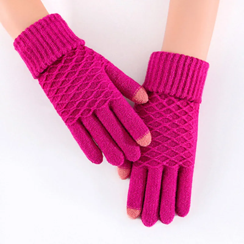 Розово-красный Женские перчатки Gants femme hiver Guantes, зимние теплые бархатные перчатки с пятью пальцами для сенсорного экрана для женщин, вязаные варежки - Цвет: Розово-красный