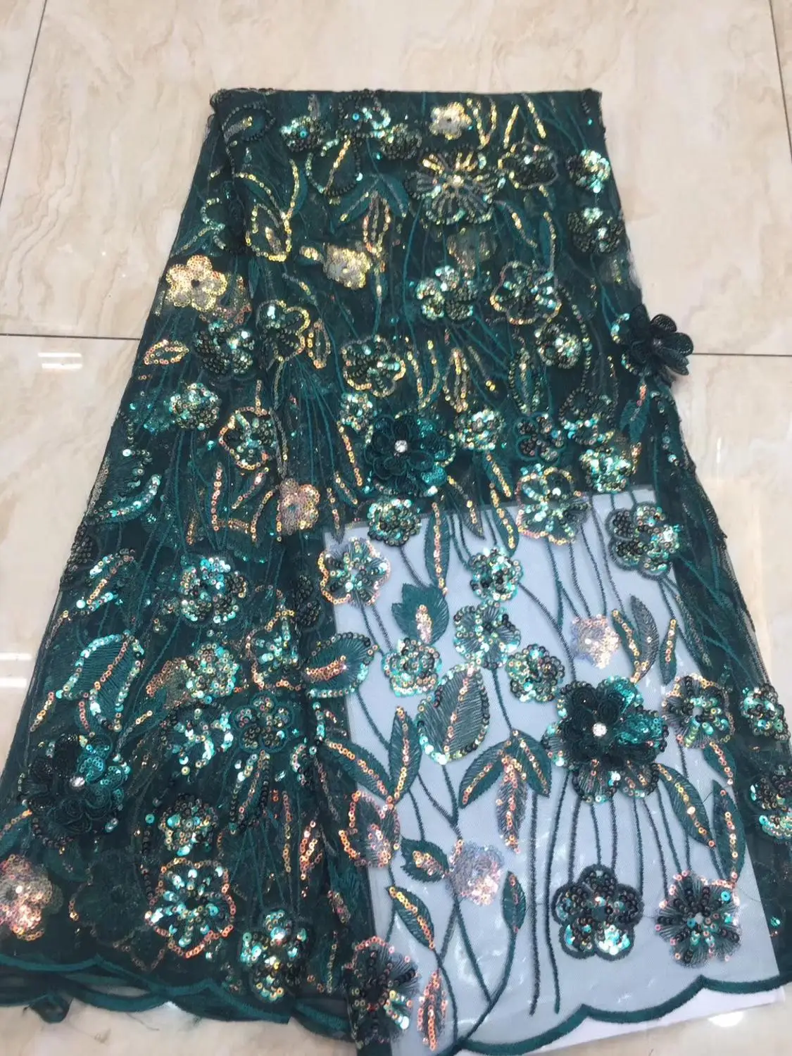 

French lace fabric 5yds/pce green 3d petals sequins stones embroidery mesh fabrics women gorgeous swiss lagos party event asoebi