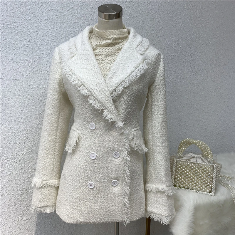 Твидовая куртка Женская Осень Зима Маленькая ароматная Дамская тонкая двубортная бахрома шерстяной костюм пальто куртка верхняя одежда