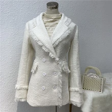 Твидовая куртка Женская Осень Зима Маленькая ароматная Дамская тонкая двубортная бахрома шерстяной костюм пальто куртка верхняя одежда