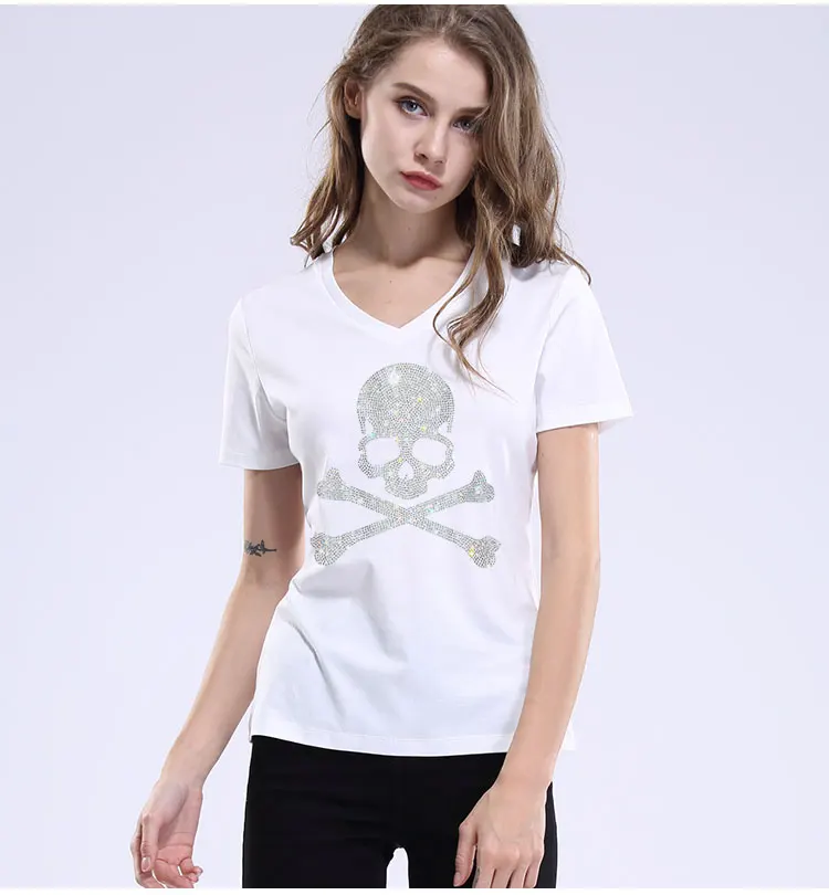 Модная футболка женская Blusa Мягкий хлопок футболки сверкающие алмазы с принтом «череп» Футболка harajuku короткий рукав женская одежда
