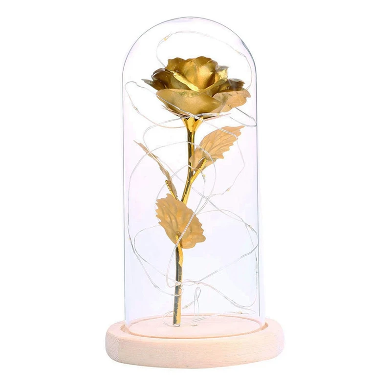 

TOP!-Beauty & The Beast Gold-Plated Rose With Led Light In Glass Dome For Wedding Party Mother'S Day Gift Gold