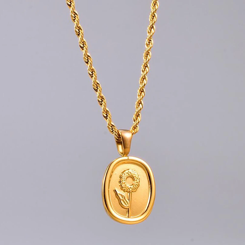 Stainless Steel Gold Minimalism France Flower Oval Pendant Necklace