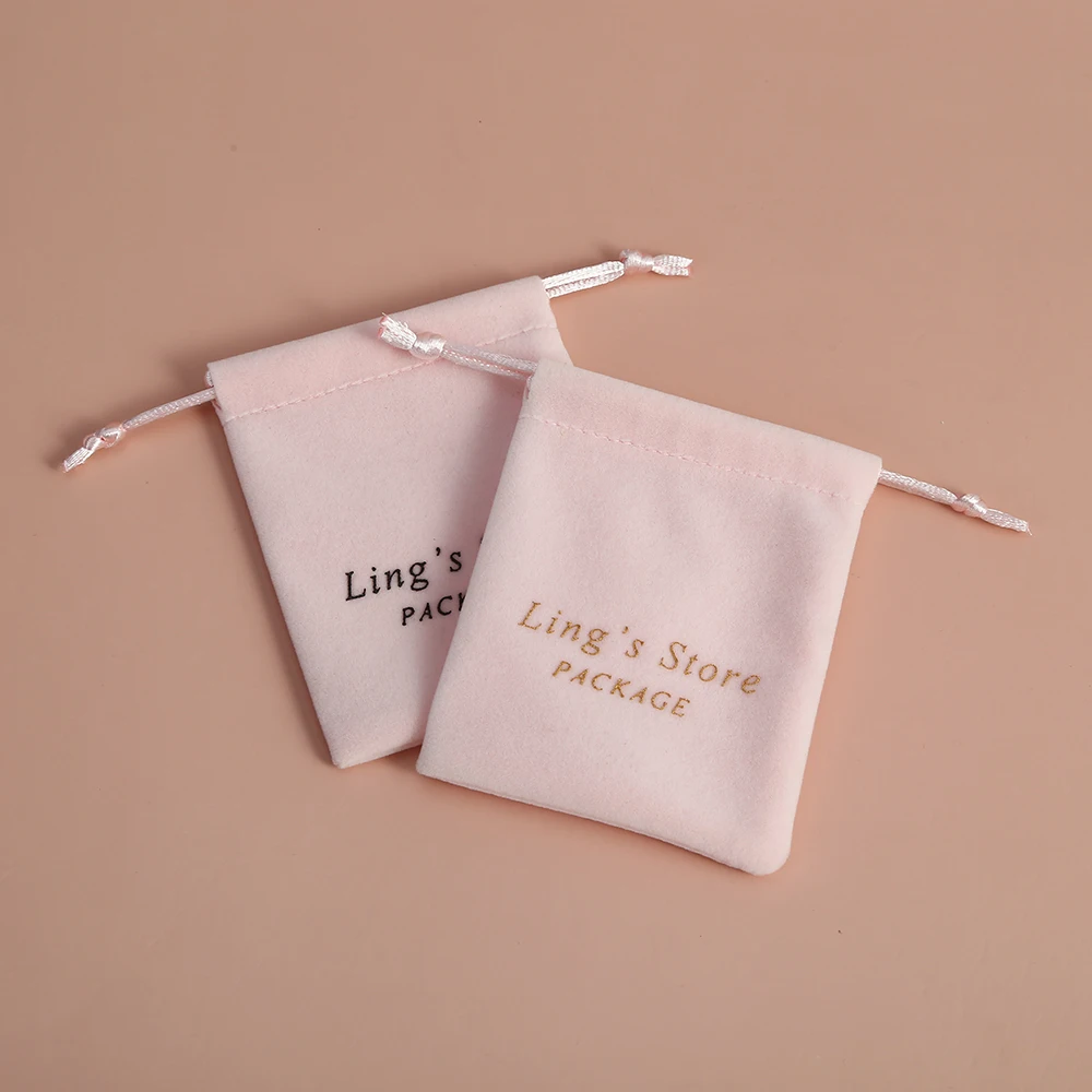 100 Drawstring Bags Personalized Logo Print Pink Thick Velvet Jewelry Packaging Bags Pouches Custom Chic Wedding Favor Bags