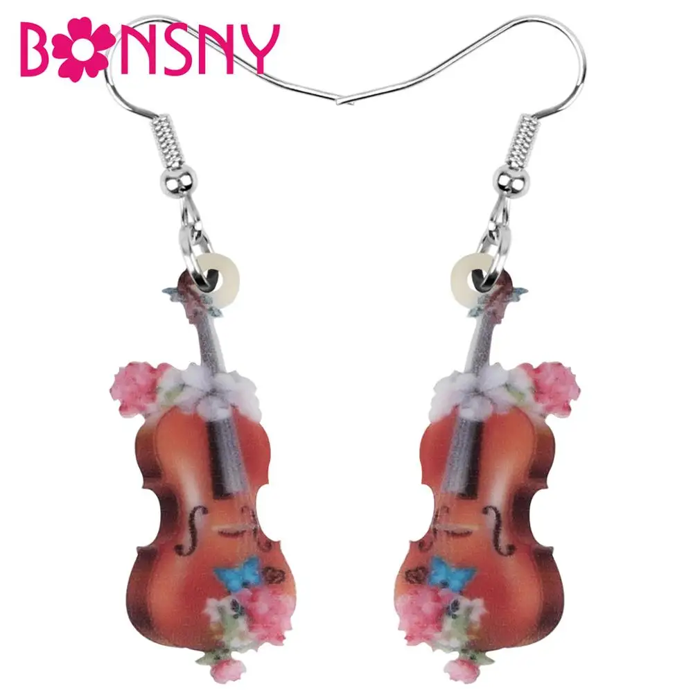 Bonsny акриловые деревянные цветные серьги скрипки большой инструмент Висячие