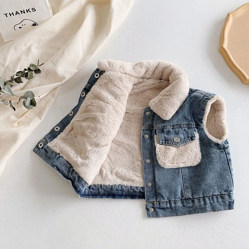 Джинсовый жилет Babyinstar Boutique одежда для маленьких девочек зимний меховой теплый