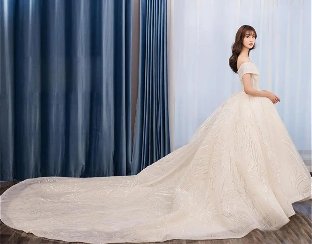 long train Vestido de Noiva New Ball Gown Wedding Dress Princess Off the Shoulder Beads Bling Sequined Champagne Bridal Gown Robe De Mariee - Цвет: long train