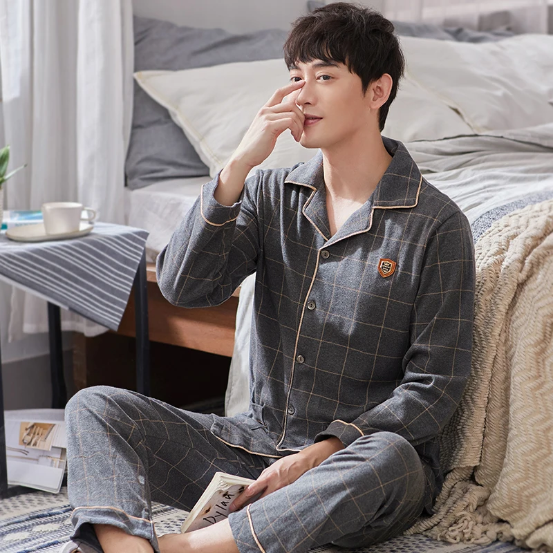 Spring Men Pajamas Blue Button-Down 100% Cotton Pijama Hombre 2PCS Pure Cotton Plaid Nightwear PJ Pyjama Heren Plus Size 4XL 5XL