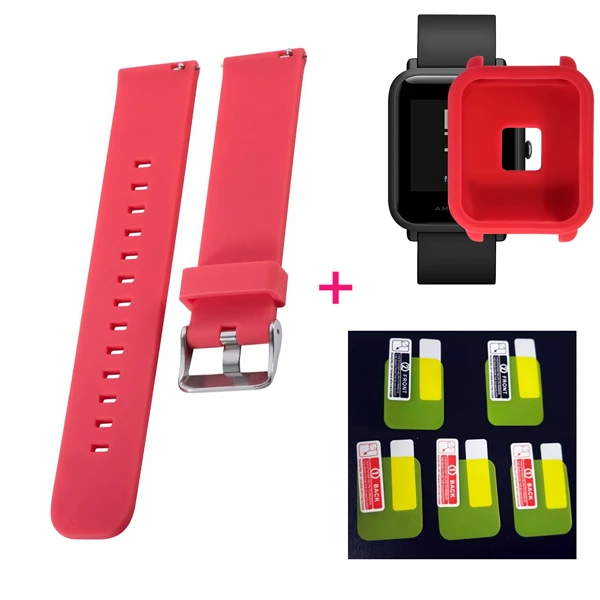 Red-red case YHNUJM силиконовый ремешок+ чехол+ 5 шт. Защитная пленка для экрана для Xiaomi Huami Amazfit Bip Youth Smart Watch - Цвет: Red-red case