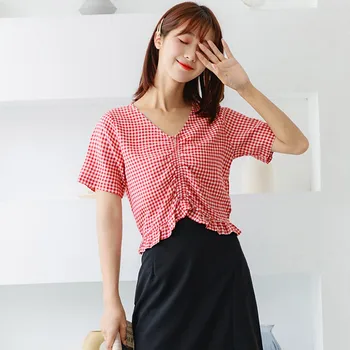 

Women Elegant New Style Fashion Design Tops Ladies Summer Self Tie Back V Neck Plaid Shirts Casual Tops Blouse