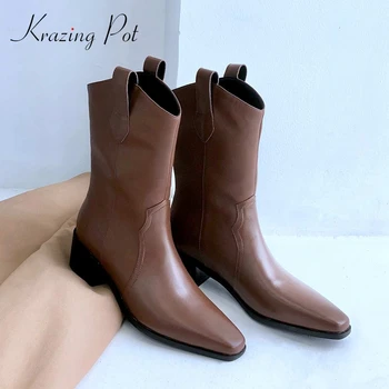 

Krazing pot 2020 new arrival western boots natural leather british designer square toe thick med heel slip on mid-calf boots L17