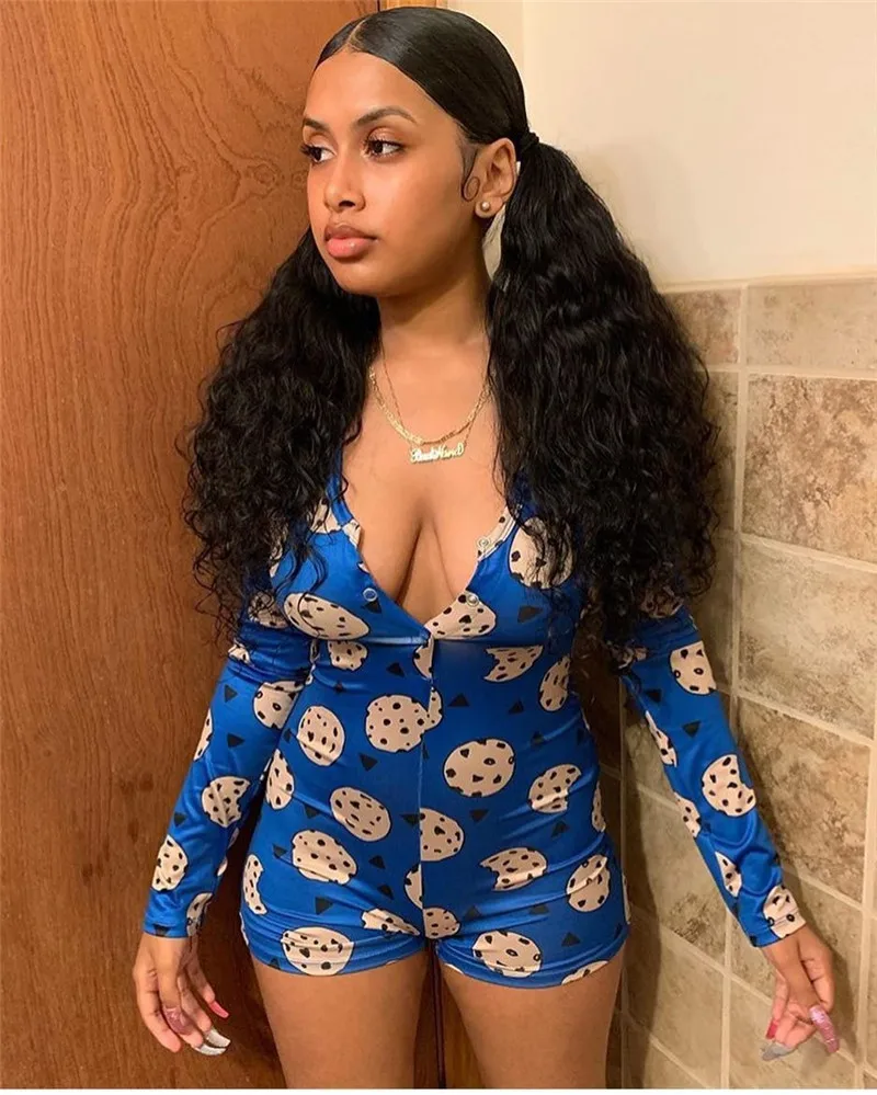 2019 Sexy Women Deep V-neck Bodycon Sleepwear Jumpsuit Button Bodysuit Shorts Romper Bodysuit Leotard Long Sleeve Print Bodysuit
