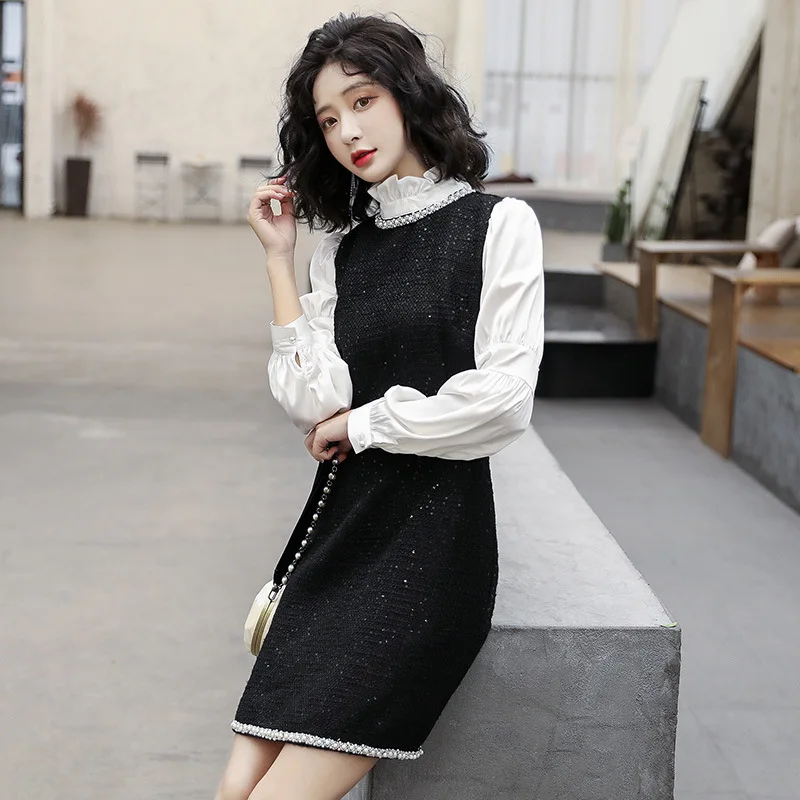 

2020 Spring And Autumn Elegant Hepburn Graceful Dress Women's Underwear Base Skirt Beads Lantern Sleeve Waist Hugging A- line Sk