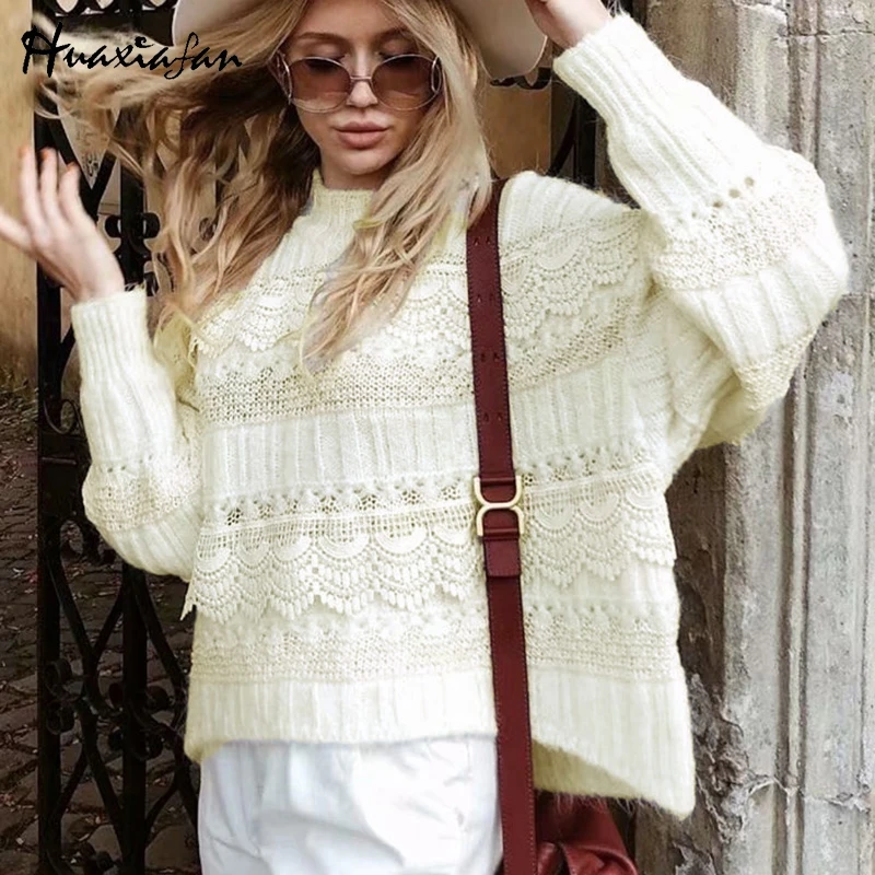 

Huaxiafan solid sweater turtleneck pullovers white batwing long sleeve female hollow out tops autumn loose elegant women pull